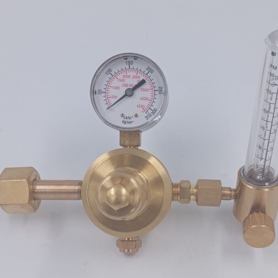 Regulador metálico de gás com manómetro e controlo de fluxo de plástico transparente