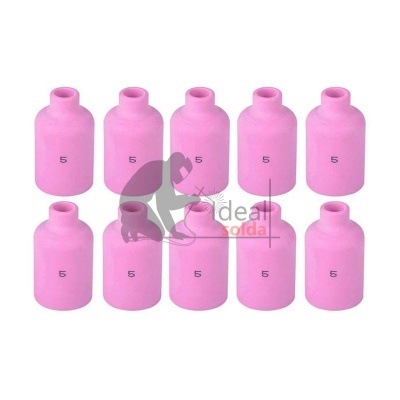 Dez bicos rosa para soldadura com número 5, feitos de cerâmica, sobre fundo branco