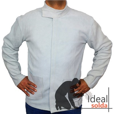 Casaco de proteção branco de manga comprida com gola alta e dois bolsos frontais