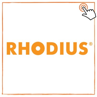 Logótipo da marca RHODIUS em letras laranja sobre fundo branco com ícone de mão a tocar