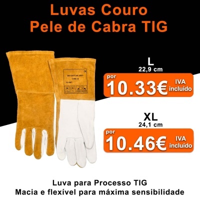 Luvas de couro de cabra para processo TIG em dois tamanhos, L e XL, preço e certificação visíveis.