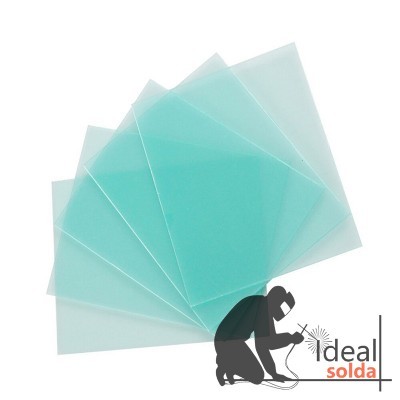 Folhas translúcidas azul e verde em leque com logotipo e silhueta de soldador