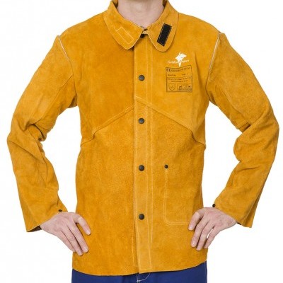 Casaco de camurça amarela com botões pretos e etiqueta Golden Eagle