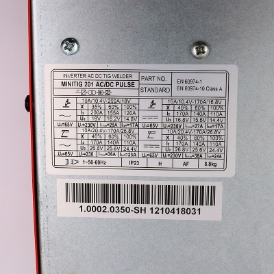 Placa metálica com dados técnicos de soldador inverter MINITIG 201 AC/DC PULSE