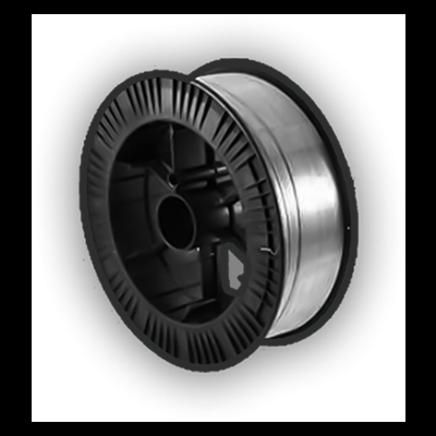 Carrete de fio metálico prateado num suporte preto