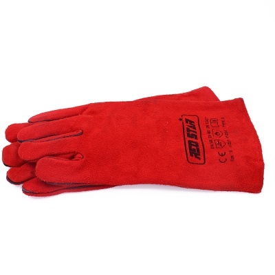 Par de luvas vermelhas de proteção com texto impresso