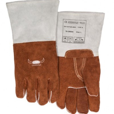 Par de luvas de proteção em couro castanho e tecido cinza com marca STYLESSOLD