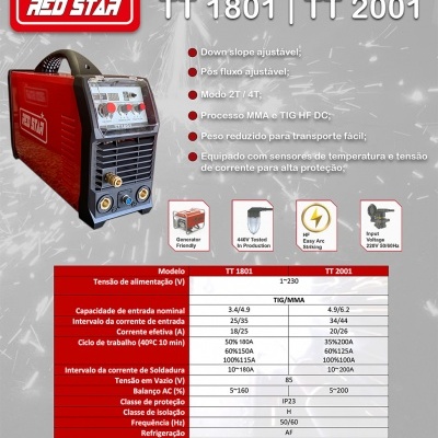 Máquina de soldar Red Star TT 1801 e TT 2001 com detalhes técnicos e design vermelho e cinza
