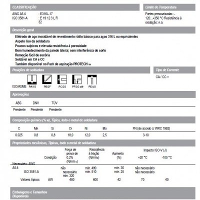 Documento técnico de elétrodo de aço inoxidável Linox 316L com tabelas e texto