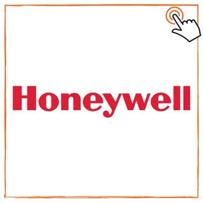 Logótipo vermelho Honeywell em fundo branco com moldura laranja