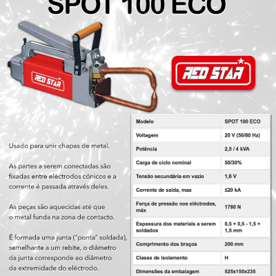 Máquina de soldadura por pontos metálica SPOT 100 ECO da Red Star com manípulo de madeira e eletrodos de cobre