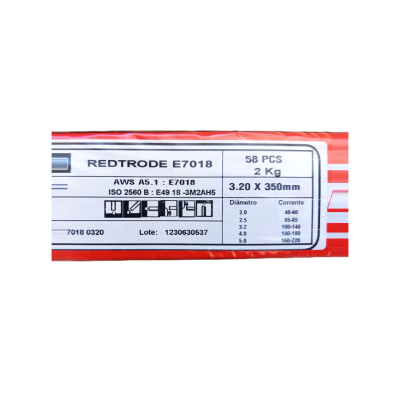 Rótulo com descrição de eletrodos REDTRODE E7018 e especificações técnicas