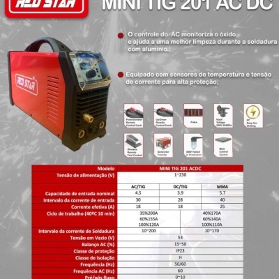 máquina de soldar vermelha RED STAR MINI TIG 201 AC DC com especificações técnicas