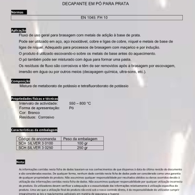 Ficha técnica SILVER 3 decapante em pó para prata em papel com texto e tabela