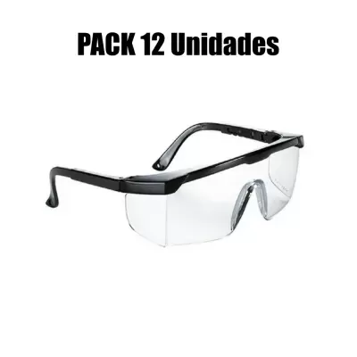 Óculos de proteção com armação preta e lentes transparentes com texto PACK 12 Unidades