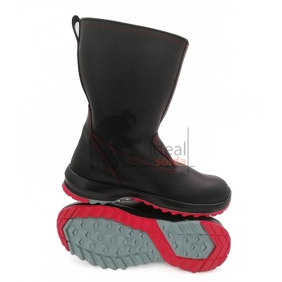 Bota de segurança preta com sola vermelha e cinza