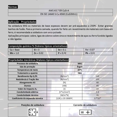 Folha técnica de fio de cobre-silício para soldadura MIG ManTech M706 com especificações detalhadas