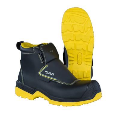 Botas de segurança pretas com sola amarelo vivo e marca jalas
