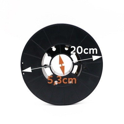 Carretel de plástico preto com marcações de 20 cm e 5,3 cm.