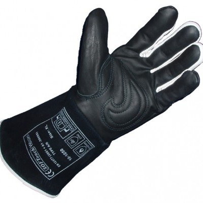Luva de proteção preta em couro com etiquetas brancas e punho longo