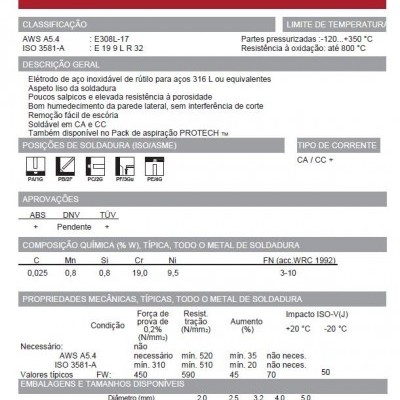 Ficha técnica do eletrodo de aço inoxidável Linox 308L com parâmetros técnicos detalhados