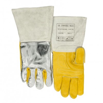 Luvas de proteção em couro amarelo com interior prateado e punhos cinzentos com etiqueta