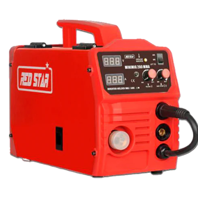 Máquina de soldar vermelha com painel frontal digital e alça