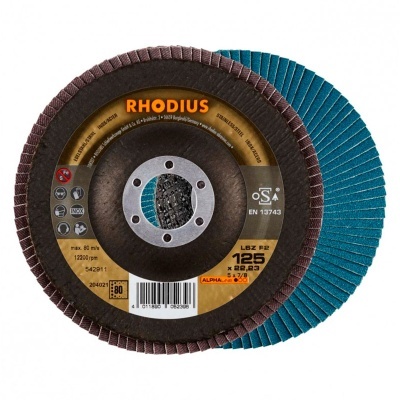 Disco de lixagem Rhodius LBZ F2 125 mm azul e castanho com etiqueta