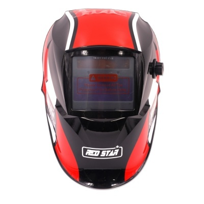 Máscara de soldadura preta e vermelha com visor e aviso em vermelho