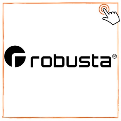 Logótipo robusta em fundo branco com contorno laranja e ícone de clique