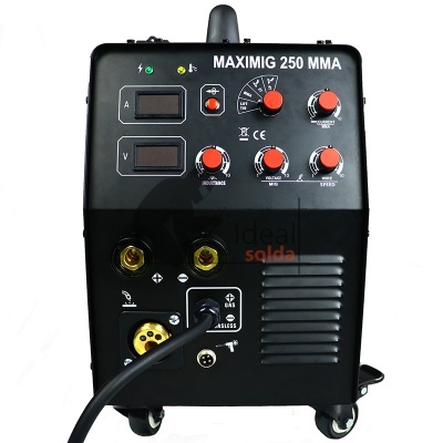 Máquina de soldar preta MAXIMIG 250 MMA com botões vermelhos e conectores dourados