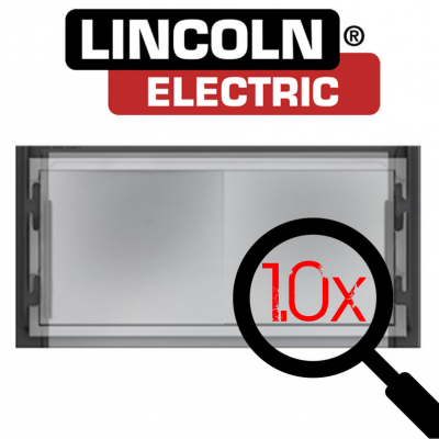 Logótipo LINCOLN ELECTRIC sobre painel transparente com lupa a mostrar texto 10x
