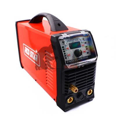 Máquina de soldar vermelha e preta com painel digital e alça