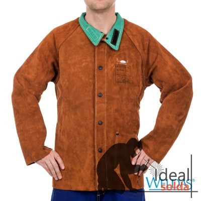 Casaco de proteção em pele castanha com gola verde e botões pretos