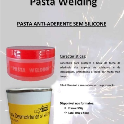 Dois recipientes de pasta anti-aderente para soldadura, um vermelho e outro branco com rótulo amarelo, com texto promocional em fundo cinzento com faíscas