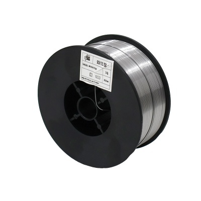 Rolo de arame metálico prateado com carretel preto e etiqueta branca