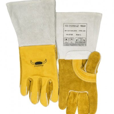 Par de luvas de trabalho em couro amarelo e cinza com punhos compridos e texto impresso no lado direito.