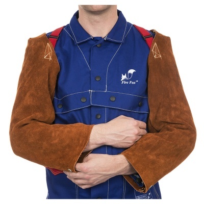 Casaco de proteção azul com mangas castanhas em couro e logótipo Fire Fox