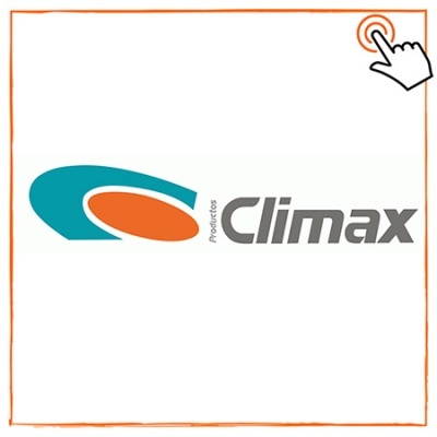 Logotipo da empresa Produtos Climax com símbolo gráfico azul turquesa e laranja