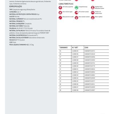 Folheto técnico do produto Ejadas 1228W com dados técnicos e tabela de tamanhos