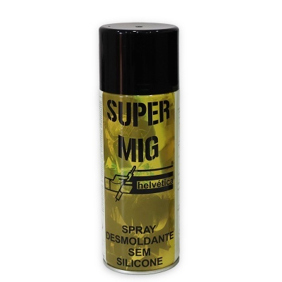 Frasco dourado de spray desmoldante com tampa preta e texto preto