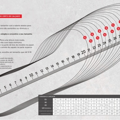 Guia de tamanhos para calçado Jalas com linhas de pé numeradas e instruções em português