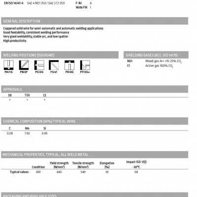Ficha técnica do arame sólido ARC WELD AS2 para soldadura em aço doce