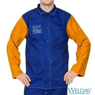 Casaco azul com mangas laranja e etiqueta Welding Wear