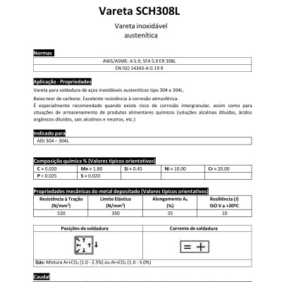 Ficha técnica da vareta inoxidável SCH308L com tabelas, texto e informações técnicas.
