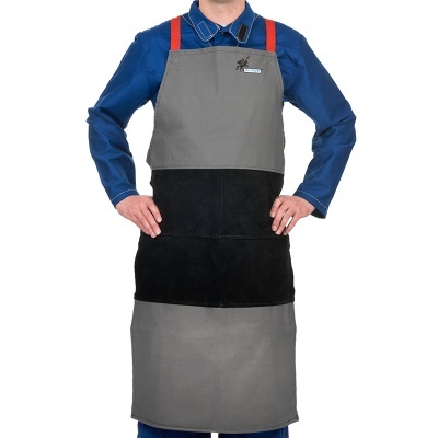 Avental de trabalho cinzento e preto com tiras vermelhas ao pescoço