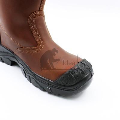 Bota de trabalho castanha com sola preta e biqueira reforçada