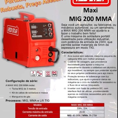 Ficha técnica do soldador portátil profissional vermelho RED STAR Maxi MIG 200 MMA