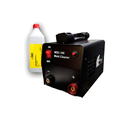 Dispositivo de limpeza de soldaduras WSC-100 preto com garrafa plástica branca e rótulo amarelo
