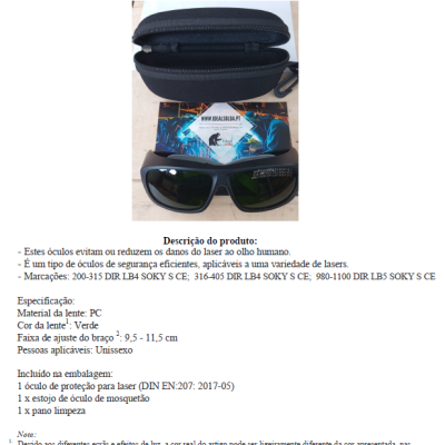 Óculos de proteção laser SOKY com estojo preto e acessórios